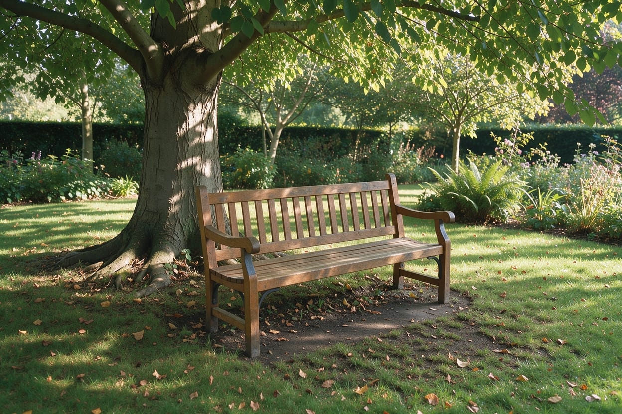 An empty garden bench under a large tree