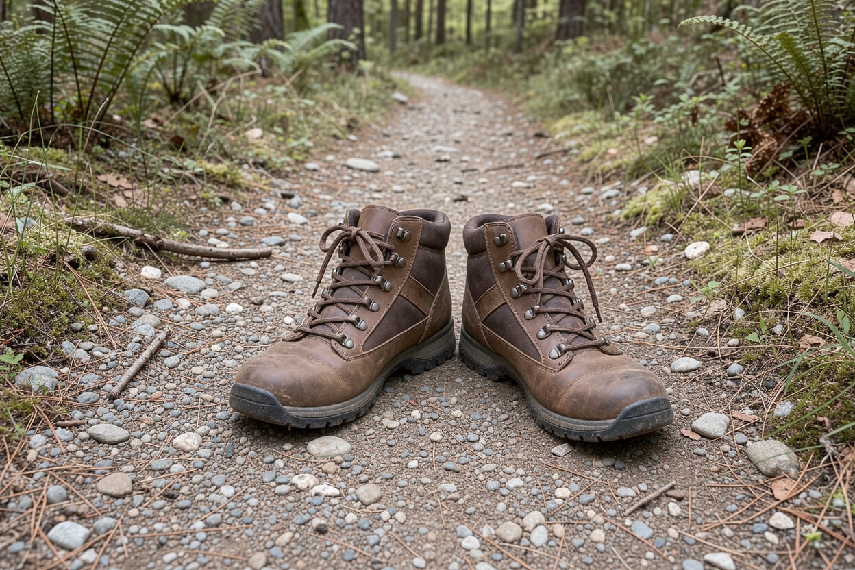 A pair of hiking boots on a gravel trail