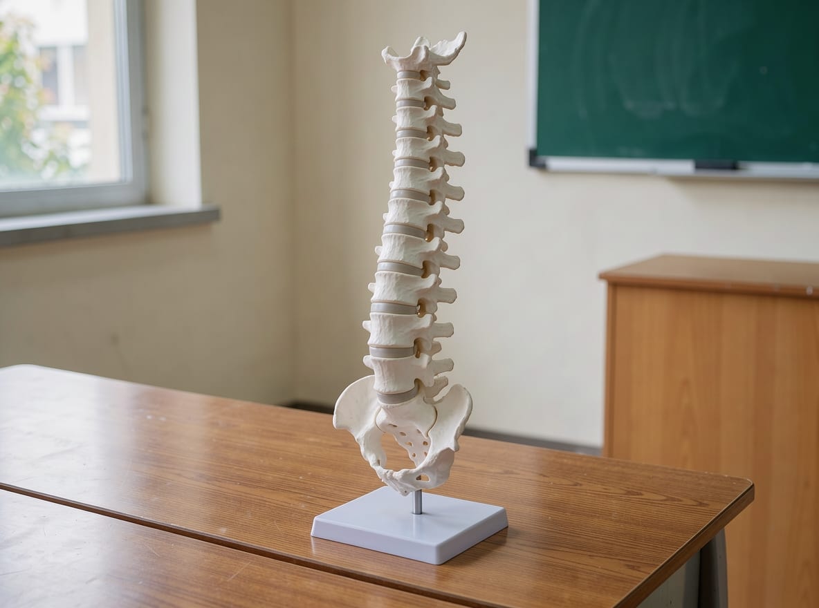 A white anatomical spine model on a wooden desk