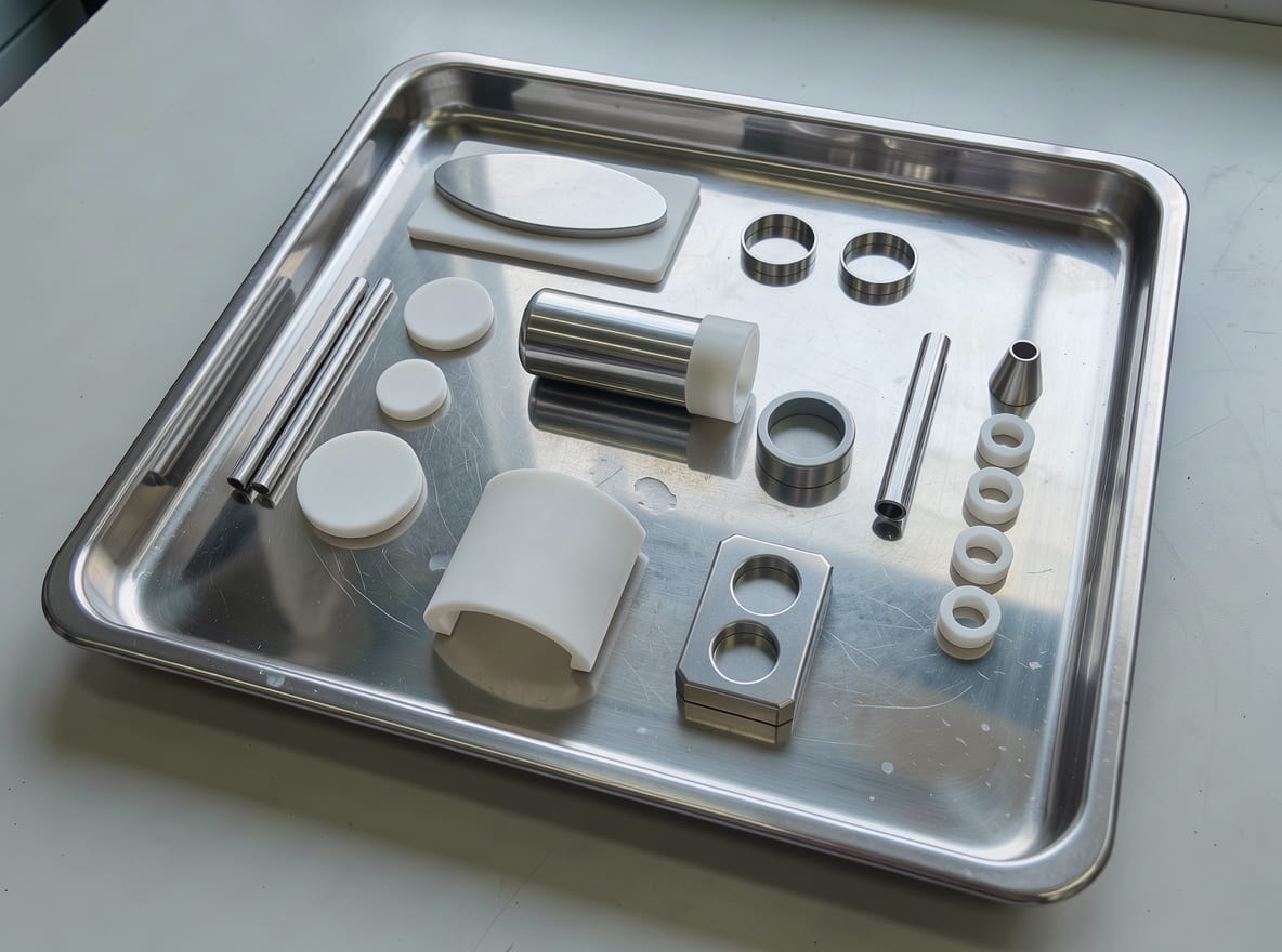 Polished metal and white polymer components on a laboratory tray