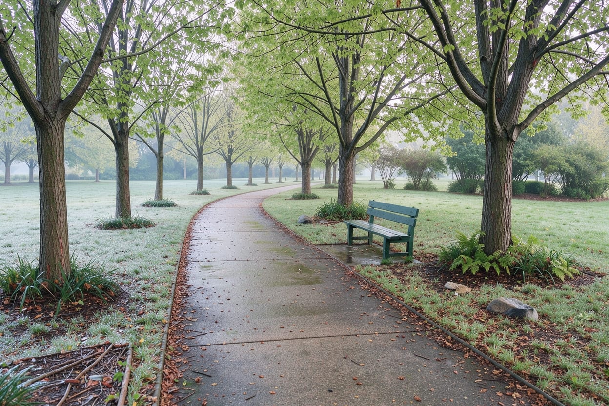 A quiet walking path through a leafy park