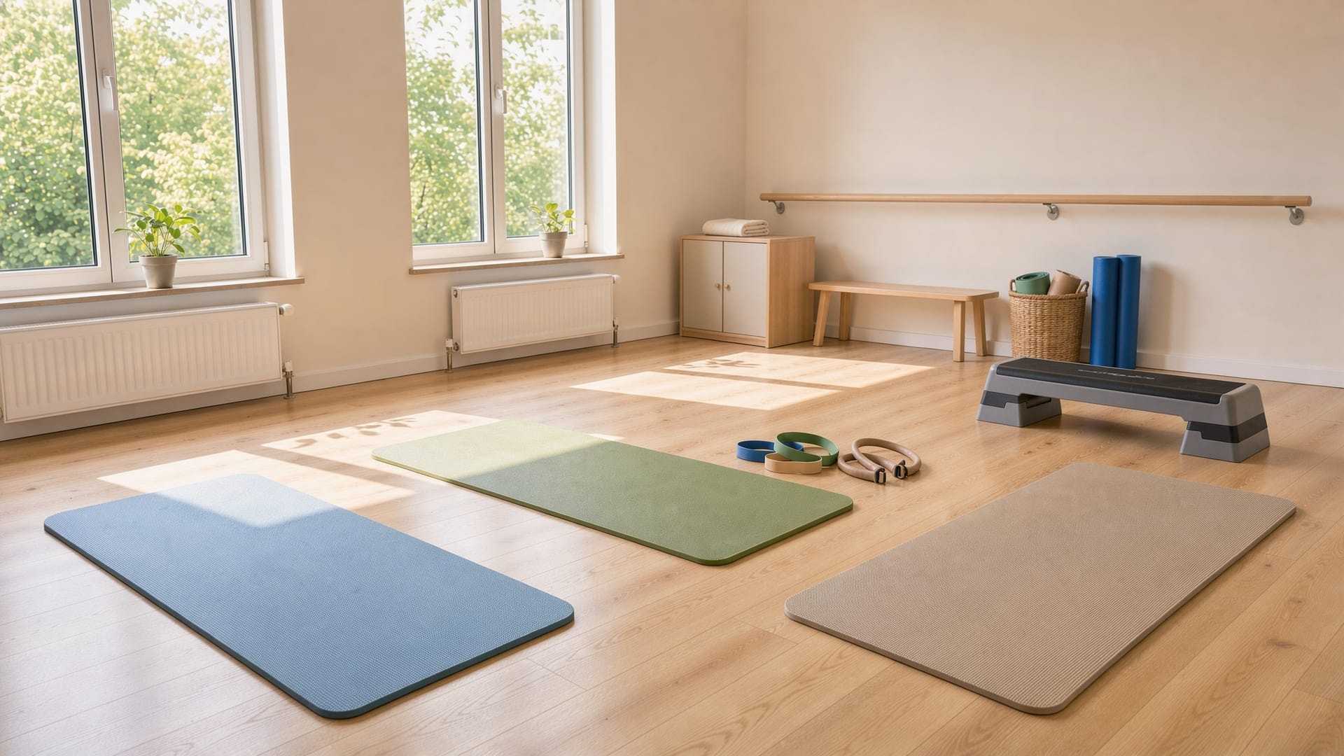 An empty physiotherapy room with mats, resistance bands and a low step
