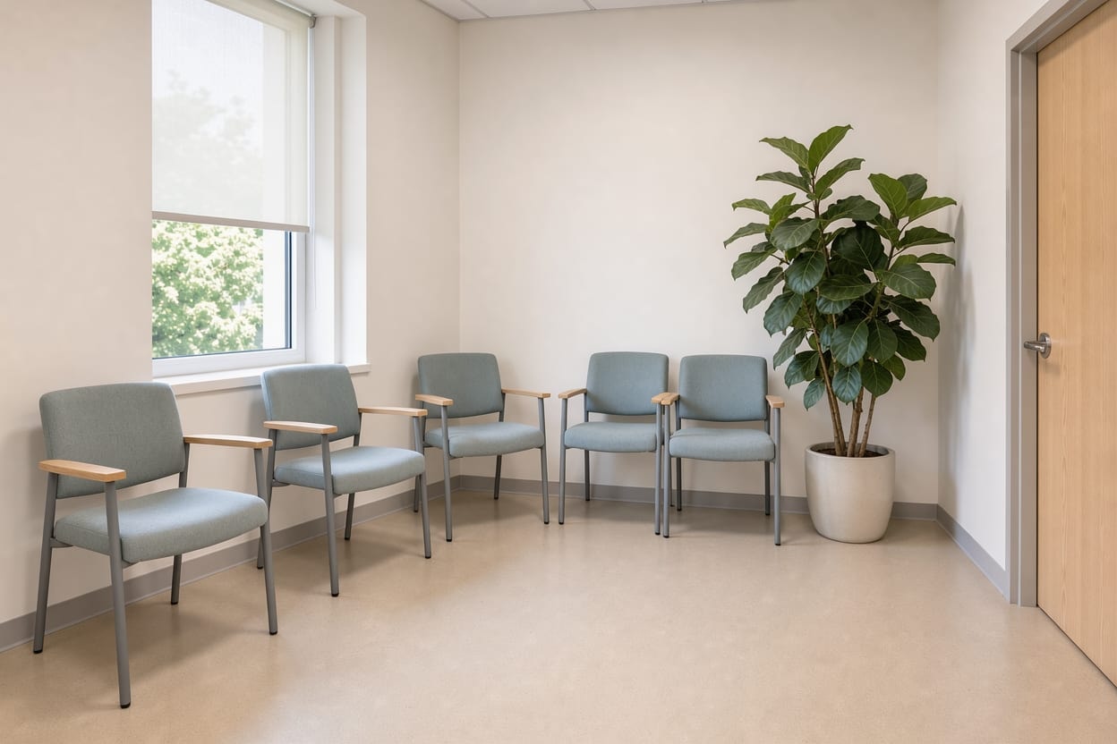 An empty waiting area with chairs and a leafy plant