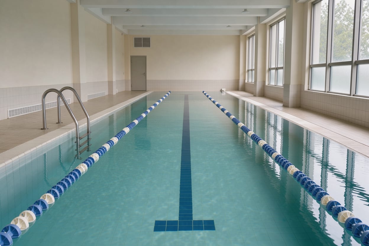 A quiet lane in an empty indoor swimming pool