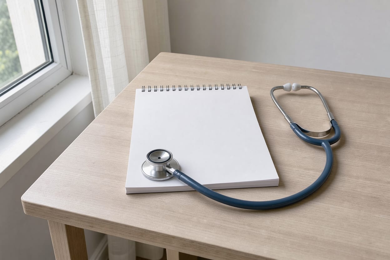 A stethoscope beside a blank notepad on a light desk