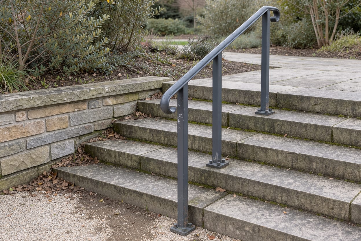 A handrail beside a short flight of stone steps