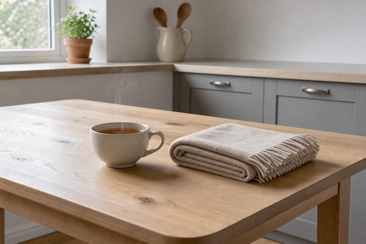 A cup of tea beside a folded blanket on a kitchen table