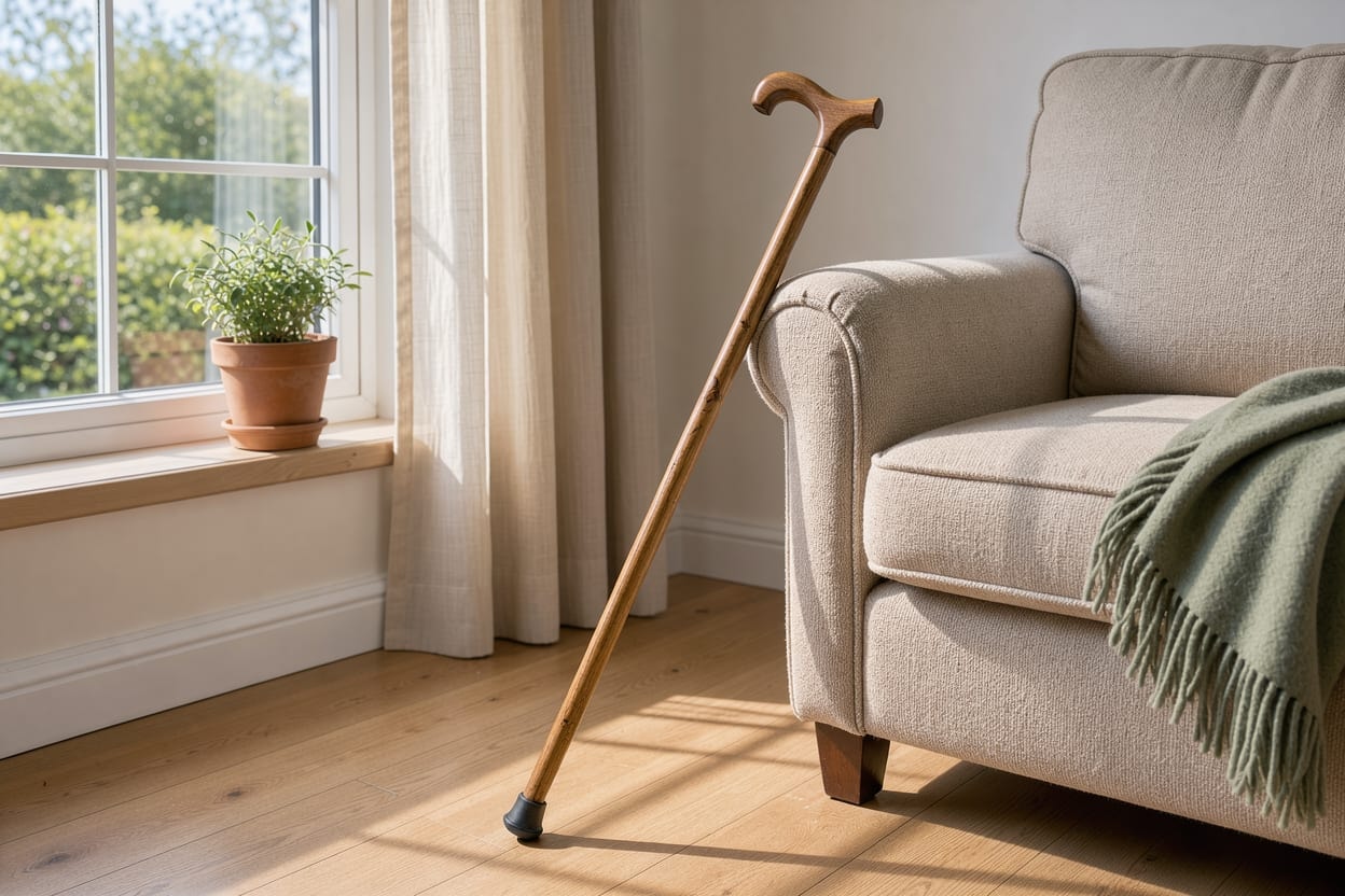 A wooden walking cane resting against an armchair beside a window
